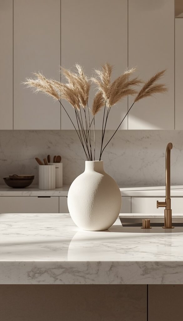Kitchen countertop with a statement decor piece, minimal styling, neutral tones, and a bold modern aesthetic