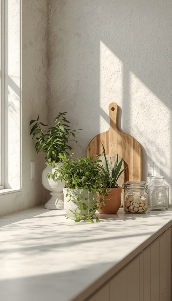 Kitchen countertop with natural elements, plants and wood accents, fresh greenery, and a warm modern aesthetic