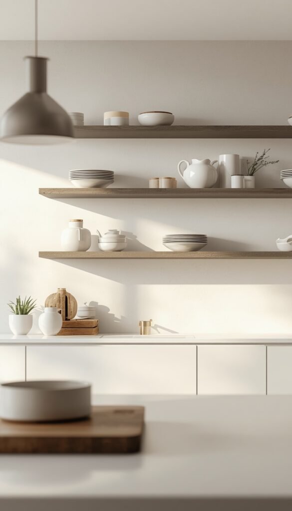 Floating minimal shelves in a kitchen with clean lines, simple decor, and a modern minimalist aesthetic