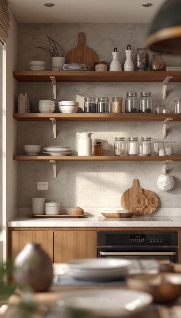 Mixed material kitchen shelves with wood, metal, and glass elements, creating a modern stylish and textured aesthetic