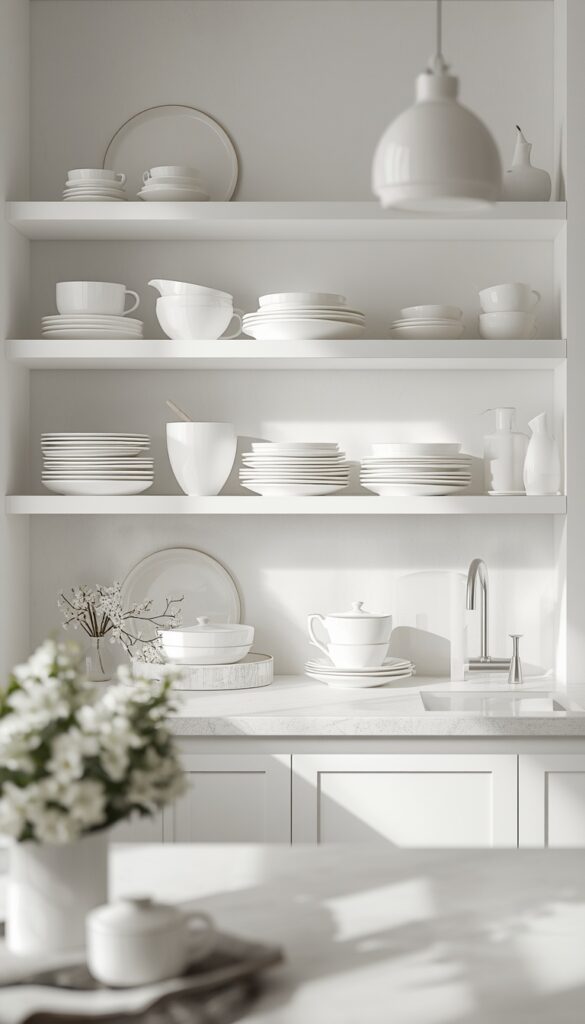Open kitchen shelves with white dishes, clean organized styling, bright aesthetic, and a minimalist elegant look