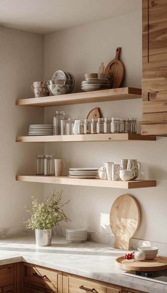 Wooden open shelving in a kitchen with warm tones, neatly styled dishes, and a cozy modern aesthetic