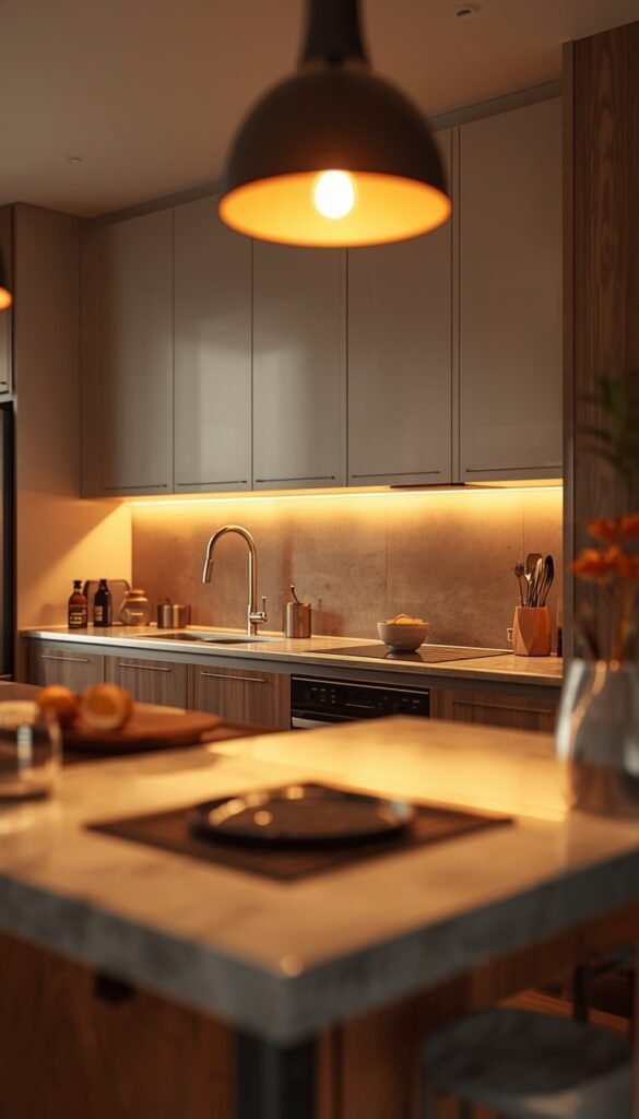 Kitchen with warm ambient lighting, soft glow, neutral tones, and a cozy modern aesthetic