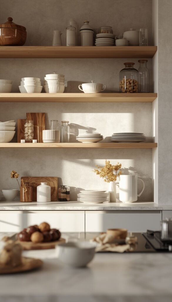 Kitchen with open shelving styled with dishes and decor, neutral tones, clean arrangement, and a modern aesthetic