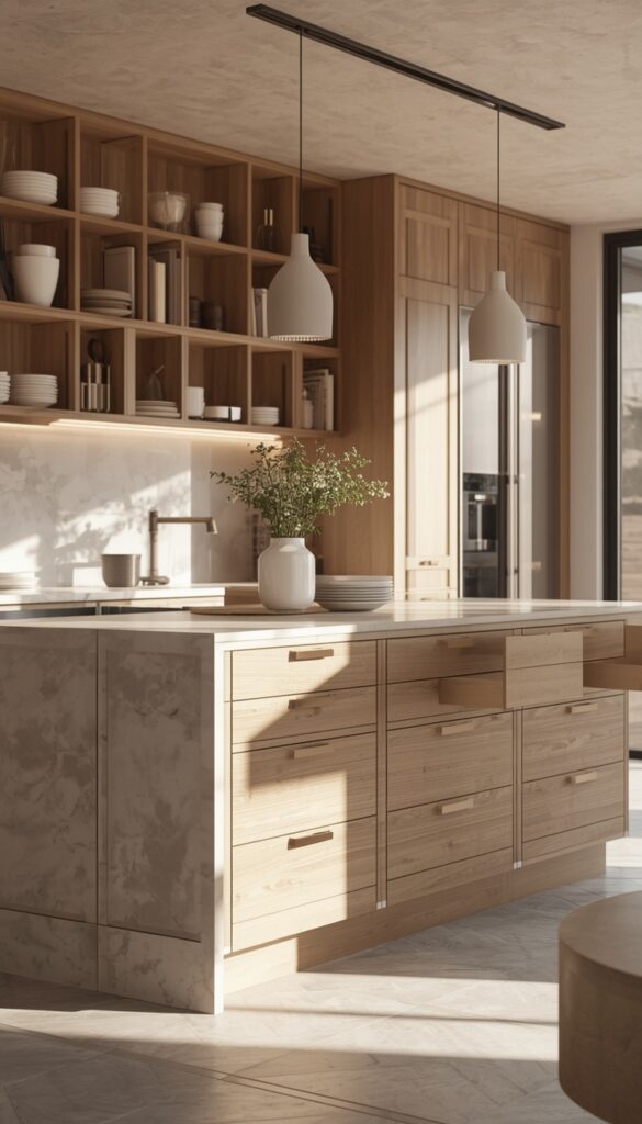 Multi-functional kitchen island with storage, seating, and workspace, neutral tones, and a modern practical aesthetic
