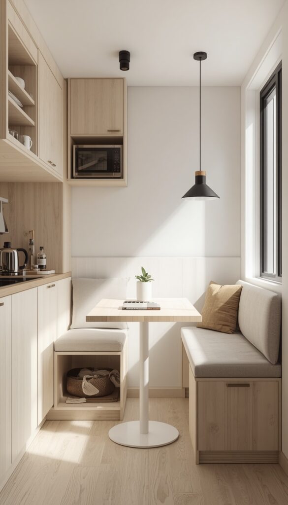 Small kitchen with multi-functional furniture like a foldable table and storage bench, organized layout, and a smart space-saving design