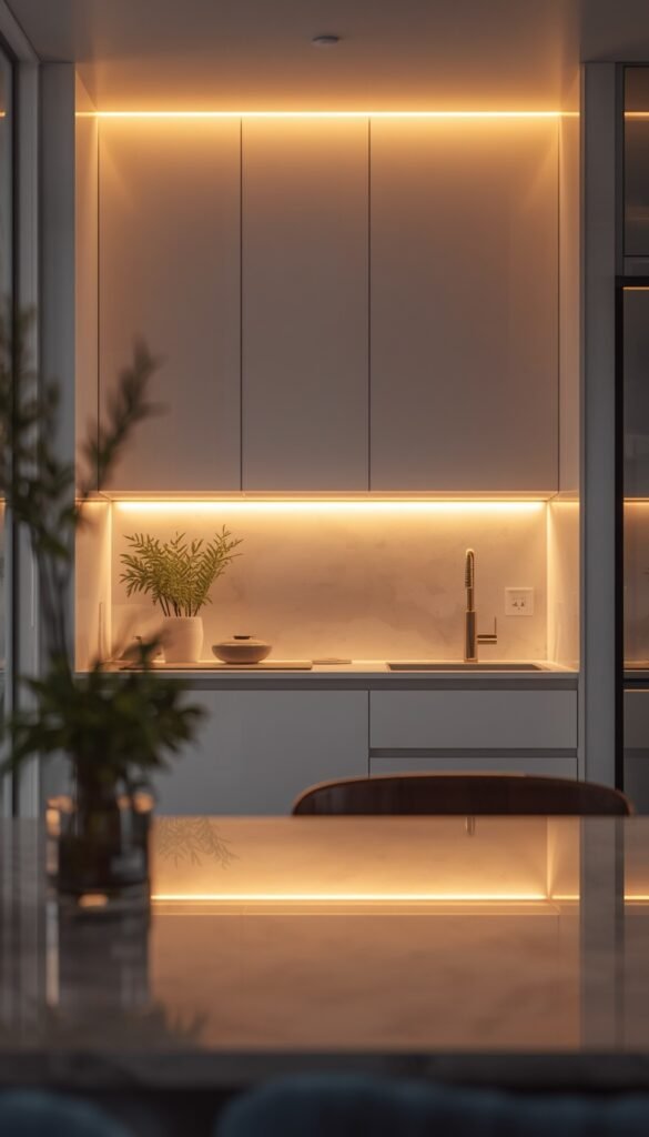 Small kitchen with under-cabinet lighting, warm glow, clean cabinets, and a modern functional aesthetic
