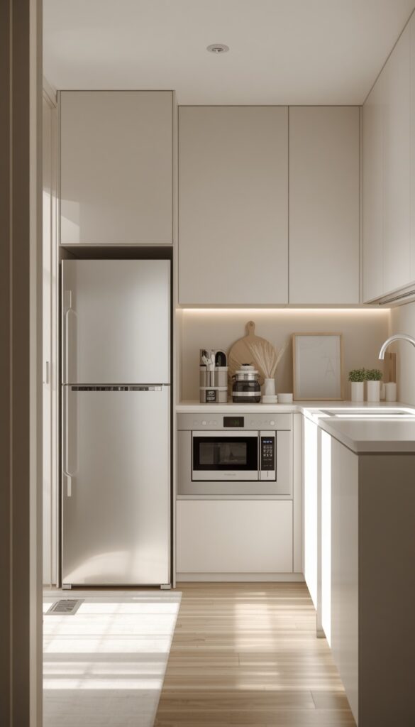 Small kitchen with compact appliances, integrated design, organized layout, and a clean modern space-saving aesthetic