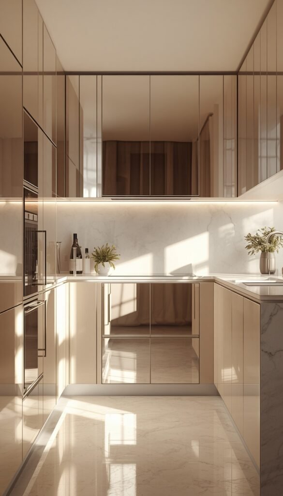 Small kitchen with glossy cabinets and reflective surfaces, bright airy feel, and a modern spacious aesthetic