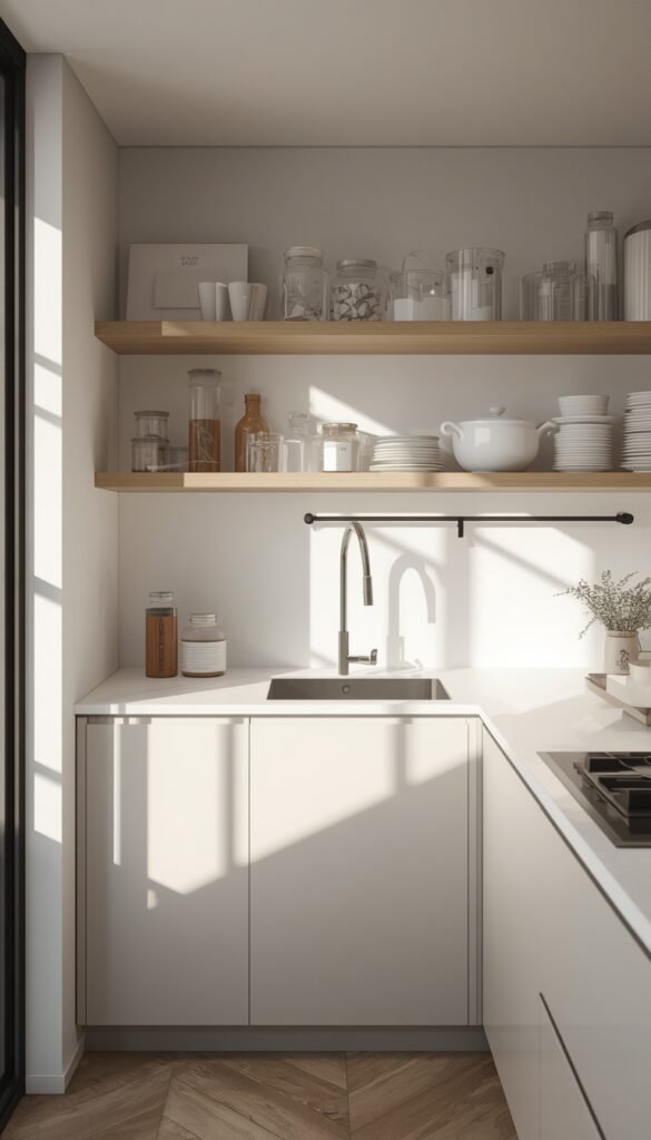 Small kitchen with open shelving, neatly arranged dishes, neutral tones, and a bright airy modern aesthetic