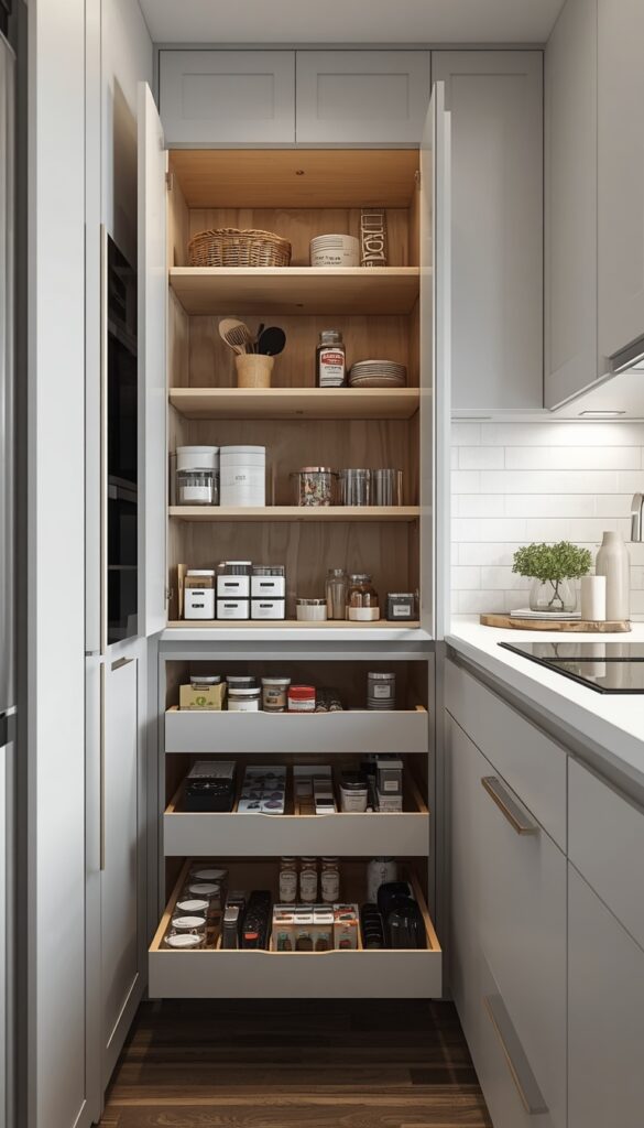 Small kitchen cabinet interior with pull-out shelves and organizers, neatly arranged items, and a clean efficient design