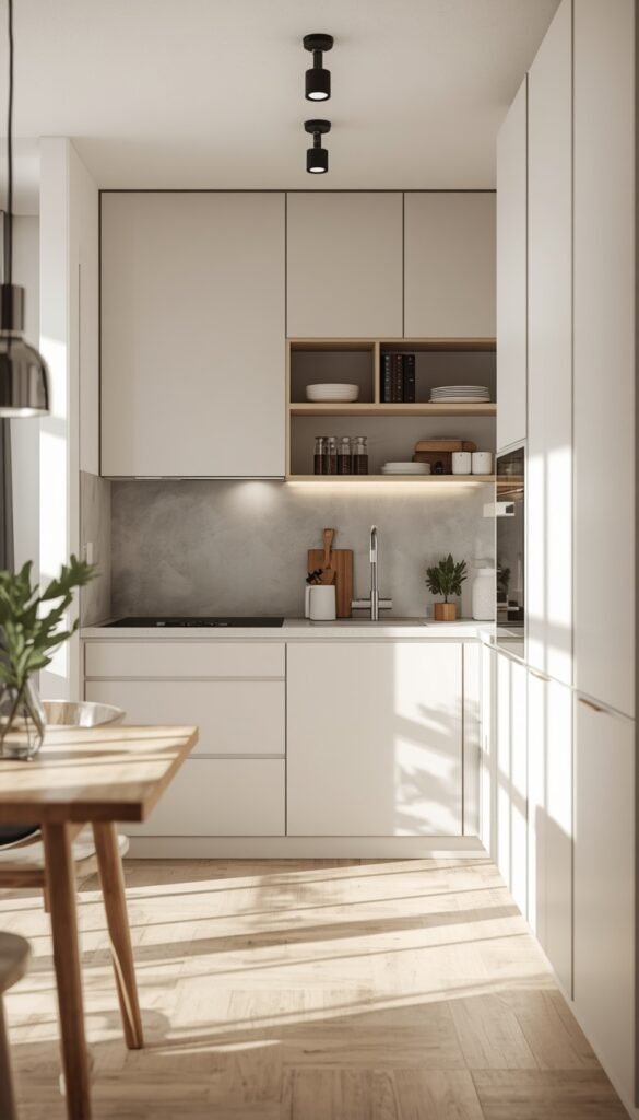 Small kitchen with light color palette, soft neutral tones, bright natural light, and an airy spacious modern aesthetic