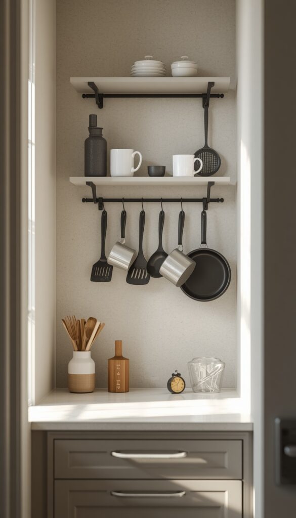 Small kitchen with hooks and rails for utensils and mugs, organized layout, and a smart space-saving design
