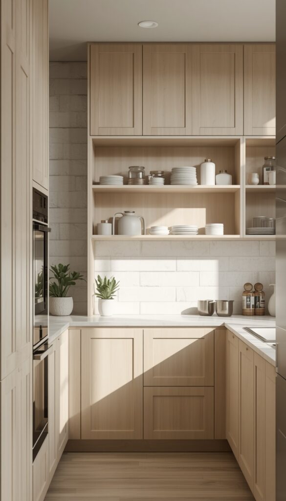 Small kitchen with vertical storage, tall cabinets and shelves, organized layout, and a clean modern aesthetic