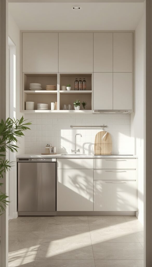 Small kitchen with clean decluttered countertops, minimal items, bright natural light, and a tidy modern aesthetic