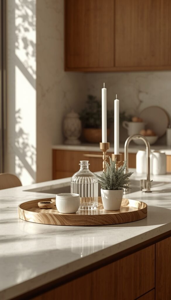 Kitchen countertop with decorative tray styling, organized items, neutral tones, and a clean modern aesthetic