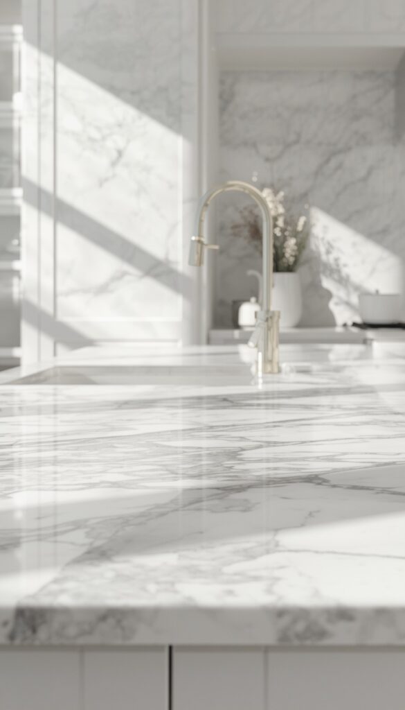 White kitchen with marble countertops, elegant veining, bright clean design, and a luxurious timeless aesthetic
