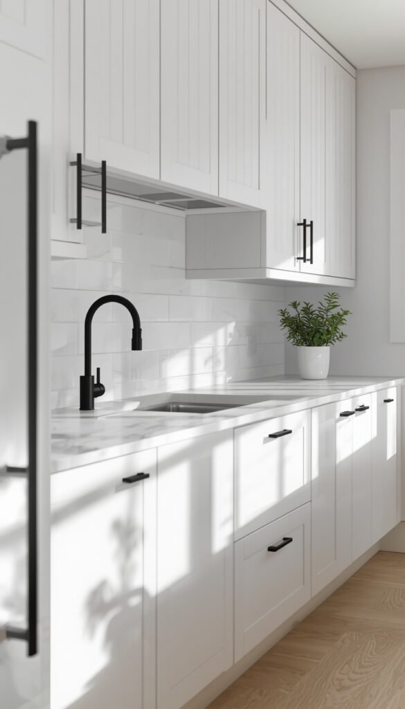 White kitchen with black hardware, clean contrast design, modern style, and a sleek elegant aesthetic