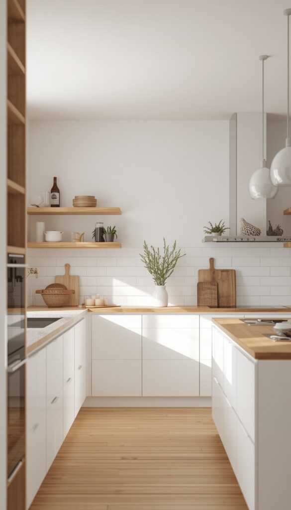 White kitchen with wood accents, warm textures, clean design, and a bright cozy modern aesthetic