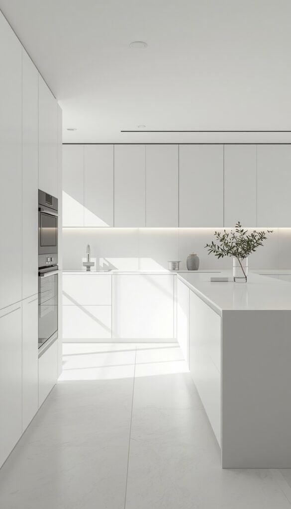 All-white minimal kitchen with sleek cabinets, clean lines, bright natural light, and a modern minimalist aesthetic
