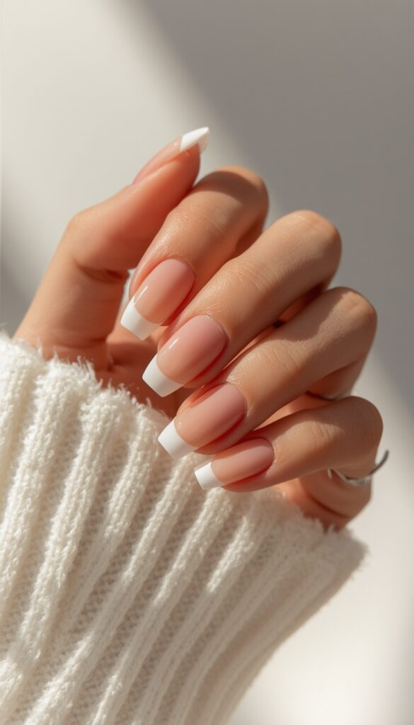Close-up of acrylic nails with French tip design, glossy finish, clean edges, and a modern elegant aesthetic