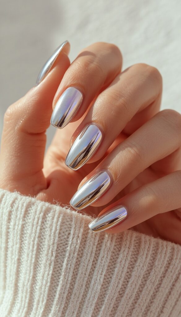 Close-up of gel nails with chrome metallic finish, reflective shine, and a bold modern aesthetic