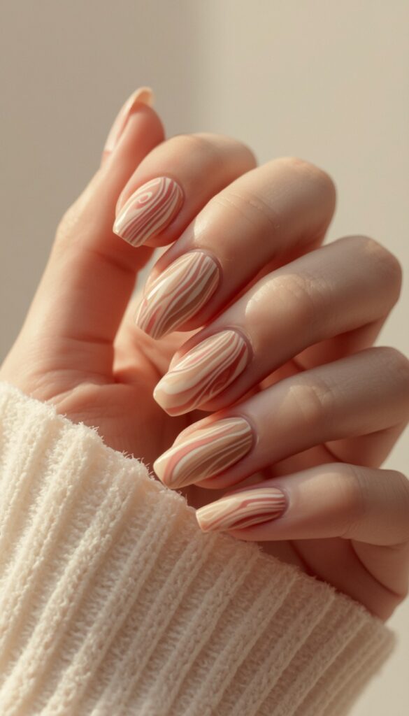 Close-up of gel nails with abstract swirl designs, glossy finish, flowing patterns, and a modern artistic aesthetic