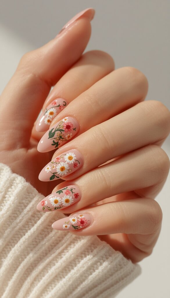 Close-up of gel nails with floral summer designs, pastel tones, glossy finish, and a fresh feminine aesthetic