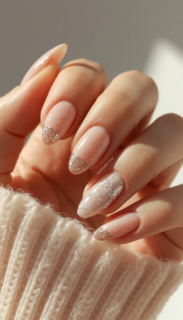 Close-up of gel nails with glitter accent design, soft base tones, sparkling finish, and a trendy summer aesthetic