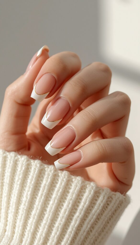 Close-up of gel nails with modern French tips, colorful edges, glossy finish, and a clean trendy aesthetic