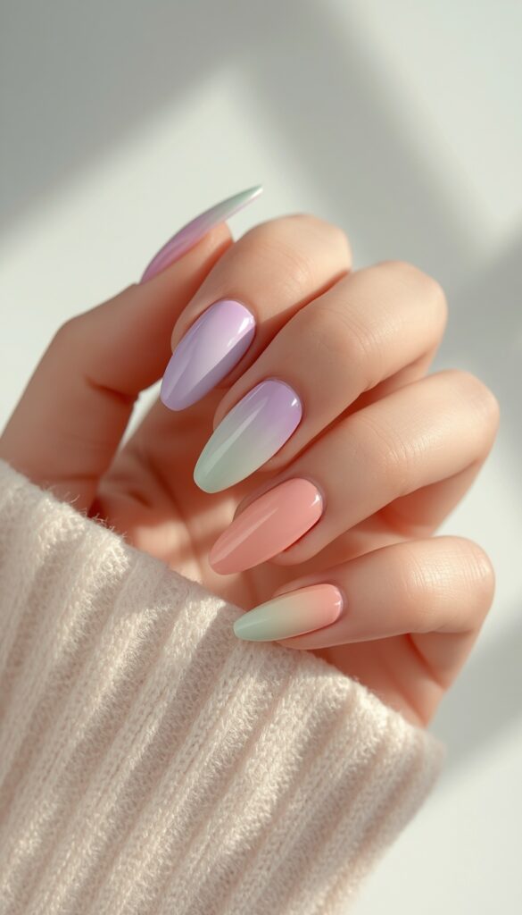 Close-up of gel nails with pastel ombre design, soft gradient colors, glossy finish, and a dreamy summer aesthetic