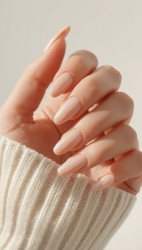 Close-up of gel nails in a nude glossy finish, clean minimal style, soft tones, and a polished elegant aesthetic