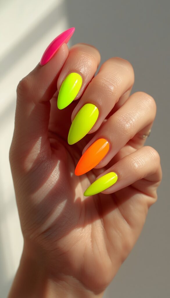 Close-up of gel nails in neon bright colors, glossy finish, bold vibrant look, and a trendy summer aesthetic