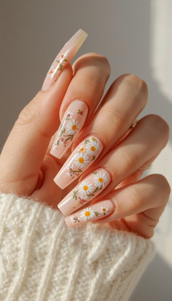 Close-up of acrylic nails with floral summer designs, pastel tones, glossy finish, and a fresh feminine aesthetic