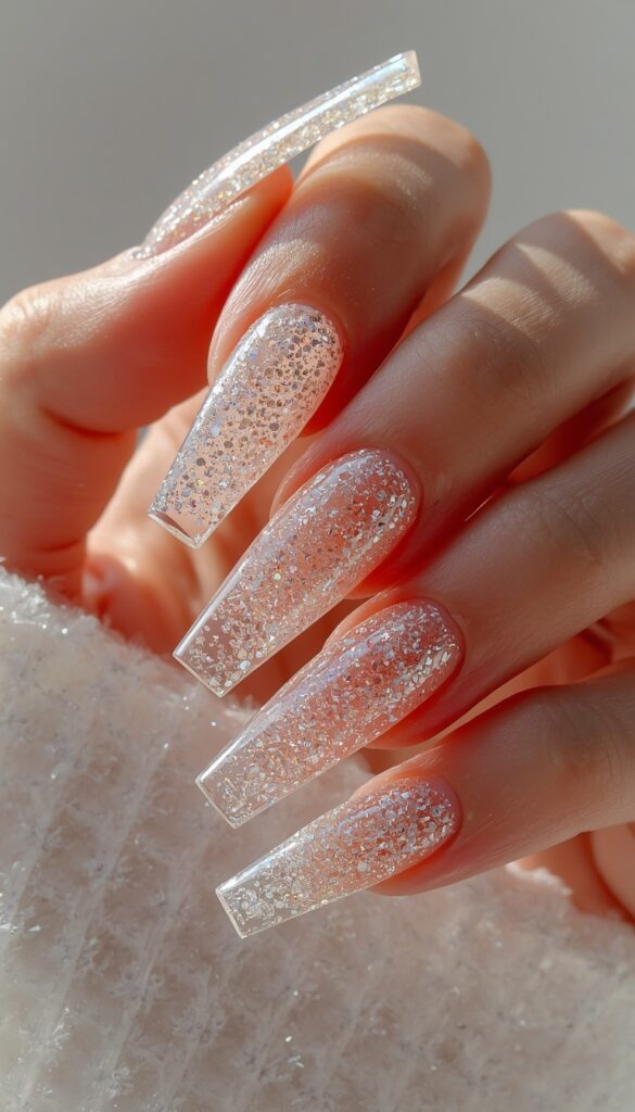 Close-up of acrylic nails with glitter glam design, sparkling finish, glossy shine, and a bold festive aesthetic