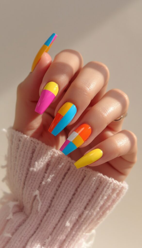 Close-up of acrylic nails with color block design, vibrant colors, glossy finish, and a trendy modern summer aesthetic