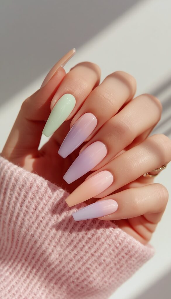 Close-up of acrylic nails with pastel ombre design, soft gradient colors, glossy finish, and a dreamy summer aesthetic