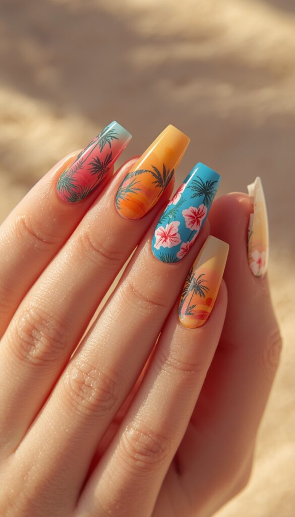 Close-up of acrylic nails with tropical vacation designs, bright colors, palm patterns, glossy finish, and a fun summer aesthetic