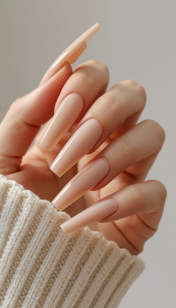 Close-up of acrylic nails in a glossy nude finish, soft tones, clean shape, and a polished elegant aesthetic
