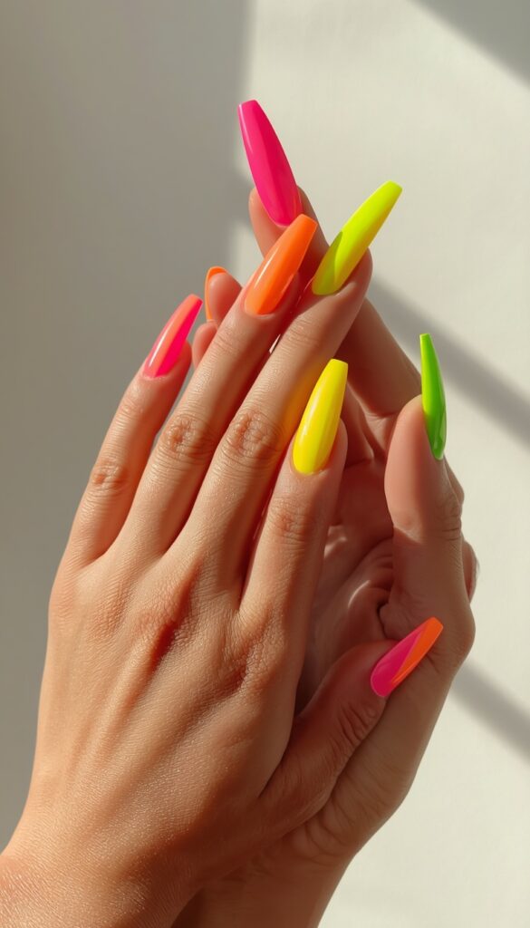 Close-up of acrylic nails in neon bright colors, glossy finish, bold vibrant look, and a trendy summer aesthetic