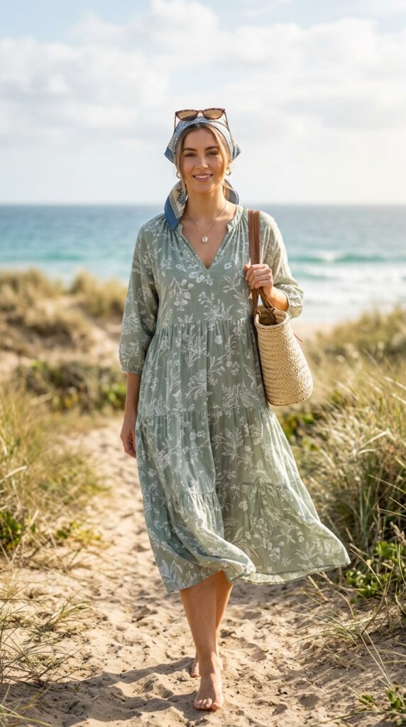 Bandana headscarf styled with a summer dress, creating a fresh, feminine, and effortlessly chic outfit with a relaxed and stylish summer vibe