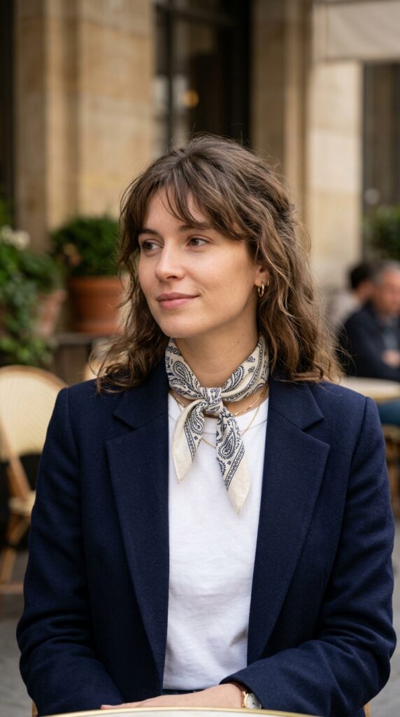 Bandana neck scarf styled with a simple outfit, creating a chic, timeless, and effortlessly elegant fashion look with a French-inspired aesthetic