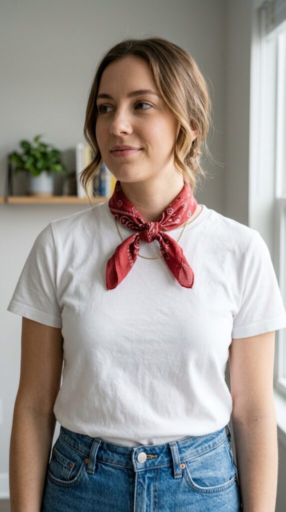 Bandana neck scarf styled with a basic outfit, creating a simple yet chic and elevated look with a clean minimalist fashion aesthetic