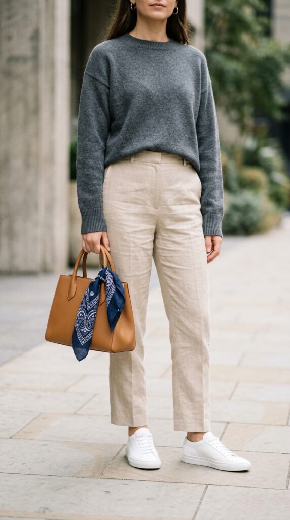 Bandana styled on a handbag with a minimal outfit, creating a clean, chic, and effortlessly elevated look with a modern minimalist aesthetic