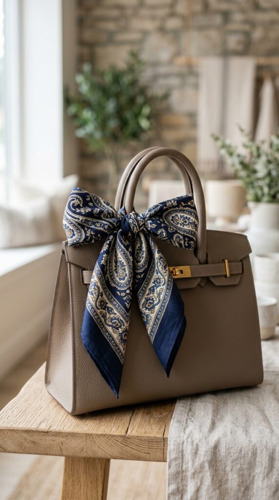 Bandana tied on a handbag handle, creating a chic, trendy, and effortlessly stylish accessory detail that elevates a simple bag look