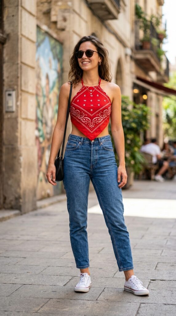 Bandana top paired with high-waisted jeans creating a trendy, bold, and effortlessly chic summer outfit with a modern street-style aesthetic