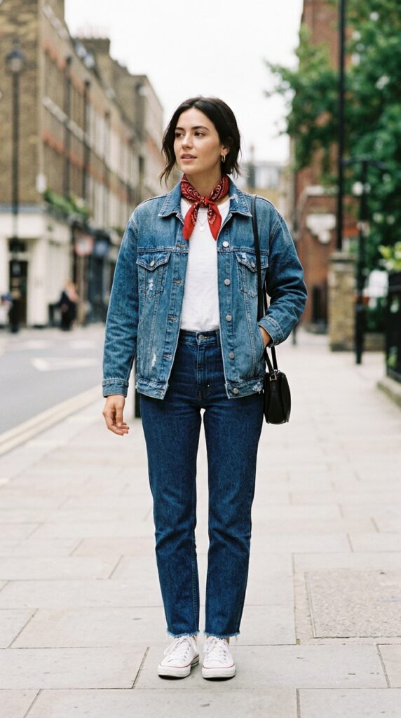 Bandana styled with a denim jacket creating a casual, trendy, and effortlessly chic outfit with a modern street-style aesthetic