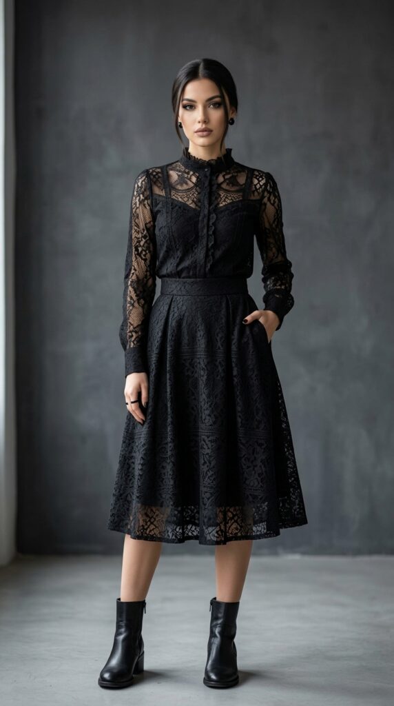 All-black lace outfit with a monochrome elegant and edgy style, creating a bold, feminine, and sophisticated fashion look with intricate texture and modern appeal