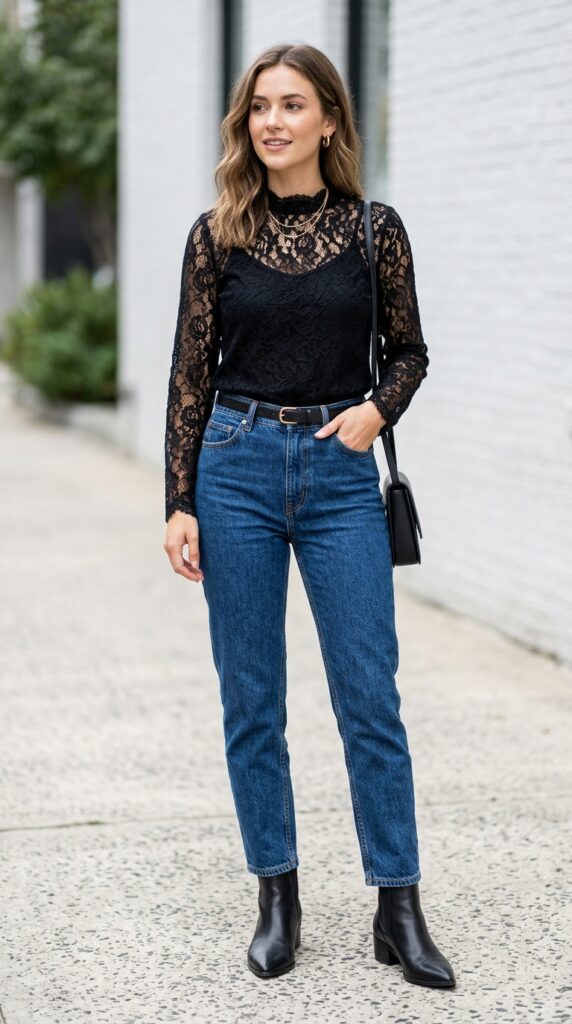 Black lace top paired with high-waisted jeans creating a chic, feminine, and edgy outfit with a modern and stylish contrast between delicate lace and structured denim