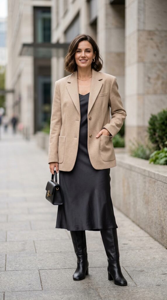 Blazer and dress combo creating a chic, modern, and elegant outfit that blends feminine style with tailored sophistication